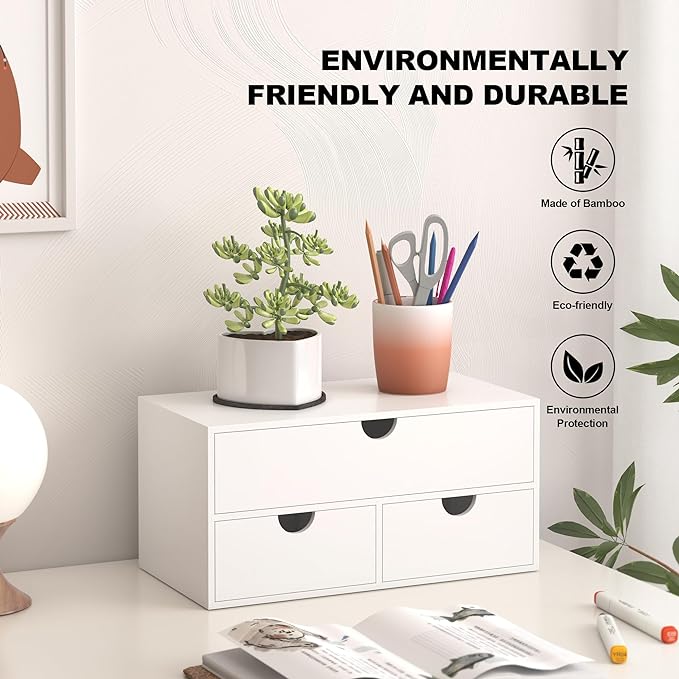 Bamboo Desk Organizer with Drawers Desktop Storage Drawers for Bills Office Supplies Kitchen Utensils Organizing Tool for Home Classroom Organization No Assembly (White) - Image 4