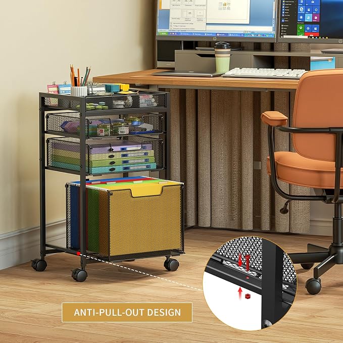 Rolling File Cart with 3 Storage Drawers, Under Desk Filing Cabinet with DIY Divider, Hanging File Folder Organizer on Wheels, Fits A4/Letter Size, Metal Utility Cart for Home Office, Black - Image 5