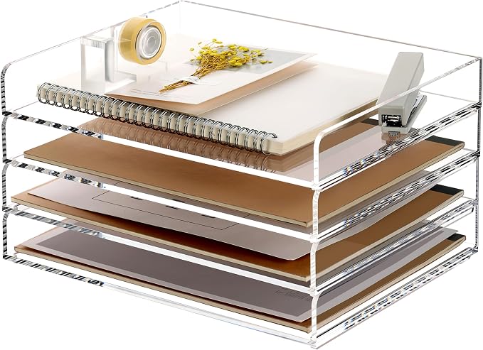 SANRUI 4 Tier Clear Desk Paper Letter Organizer Trays, A4 Stackable File Document Tray, Acrylic Desk Organizers and Accessories Sorter, Workspace Office Supplies Organizers,12.4inx8.86inx6.64in by SANRUI
