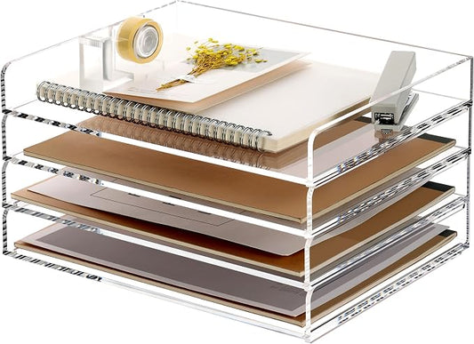 SANRUI 4 Tier Clear Desk Paper Letter Organizer Trays, A4 Stackable File Document Tray, Acrylic Desk Organizers and Accessories Sorter, Workspace Office Supplies Organizers,12.4inx8.86inx6.64in by SANRUI