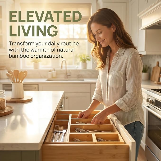 Bamboo Drawer Organizer,Fits Kitchens,Bathrooms,Desk,Utensil,Makeup,Removable Dividers (Natural, M) - Image 7