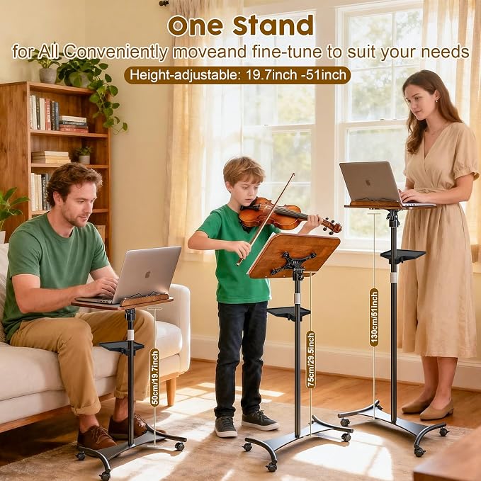 2 in 1 Dual-use Music Stand & Desktop Book Stand, Adjustable Height 16.5"-51", 100% Solid Wood Laptop Floor Stand Book Holder with Elastic Page Clips for Cookbooks (Black Walnut with Tray and Wheels) - Image 3
