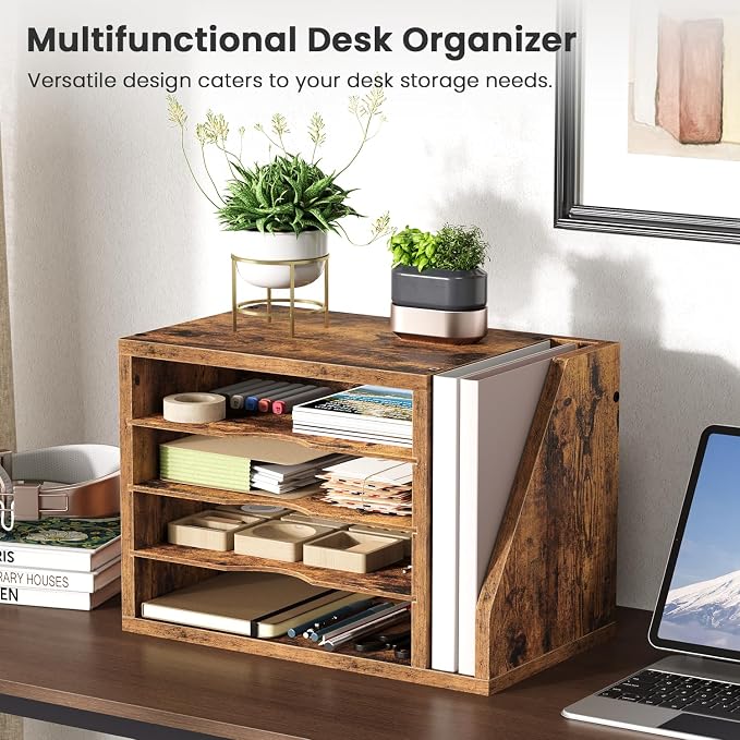 Wooden Mail Organizer, Desk Organizer with 3 Adjustable Shelves | Mail Sorter, File Organizer Desktop, Mail Holder for Home Office, Letter Sorter for Envelopes, Bills, Magazines, Rustic Brown - Image 2