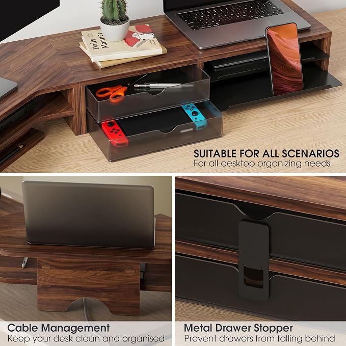 Fenge Dual Monitor Stand, Corner Desk Shelf with Drawer & Slide-Out Tray | Modular Design for Flexible Layouts, 2-Tier Storage Desktop Organizer for Computer, Laptop, Printer and Telephone - Image 5