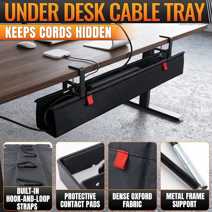 Under Desk Cable Management Tray 36" — No Drill Clamp-On Cord Organizer for Desk with Built-in Ties, Heavy Duty Metal Clamp, Foldable 600D Oxford Fabric for Home Office, WFH & Gaming PC Setup (Black) - Image 7