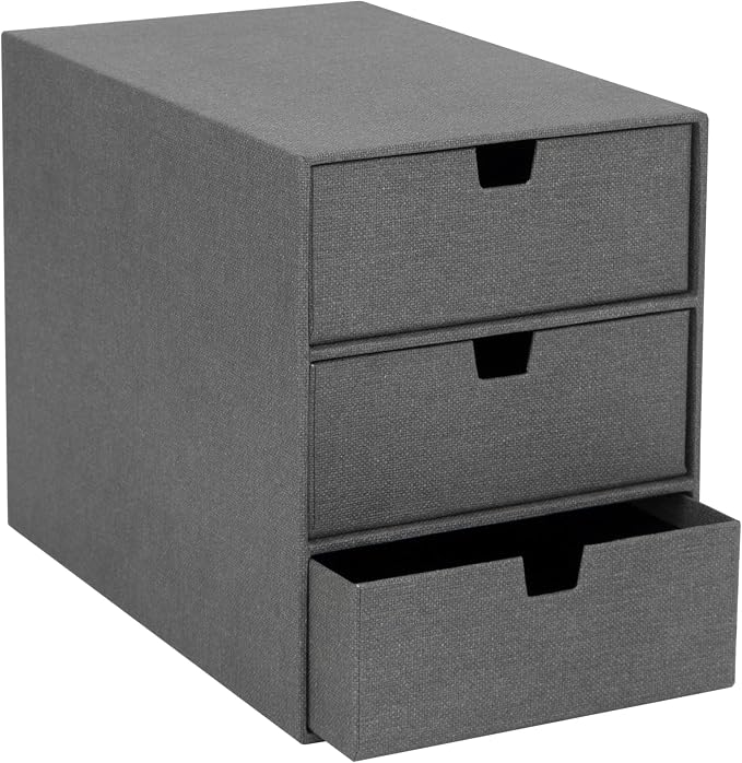 Bigso Box of Sweden Ingrid 3-Drawer Canvas Fiberboard Desk Organizer for Office Supplies and Accessories - Stackable Makeup Drawer Organizer - 6.3in x 9.9in x 8.1in - Grey by Bigso