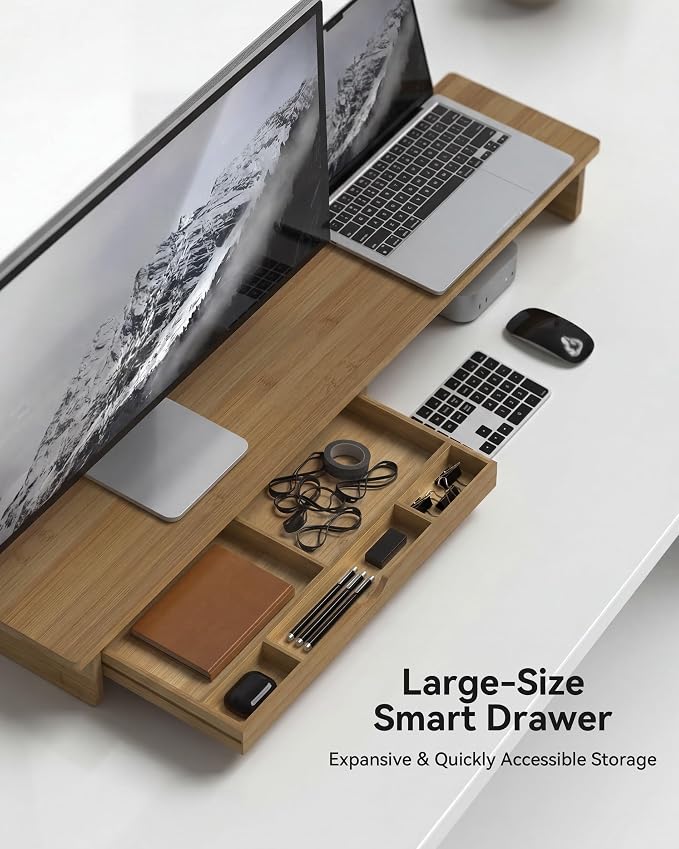 42” Monitor Stand with Large Drawer Keyboard Storage,Dark Bamboo | dual Computer monitor riser shelf for 55-72 inch desk aesthetic workplace computer setup desktop organizer easy assembly - Image 3