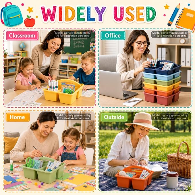 6 Pack 3 Compartment Small Caddy Plastic Classroom Organizer with Handle Portable Teacher Supply Storage Caddy Craft Art Caddies for Pencil, Crayon, Marker, Home, Office, School Supplies(Boho Earthy) - Image 6