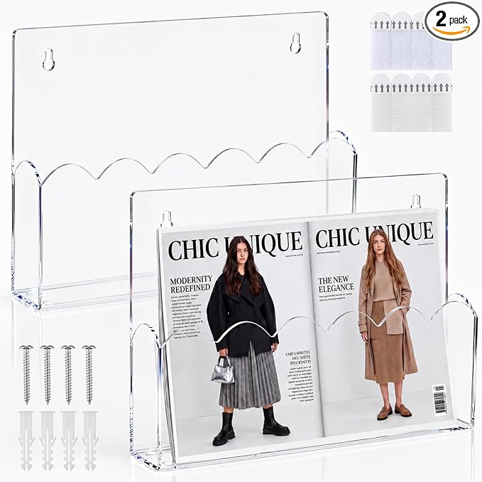 2 Pack Scalloped Acrylic Magazine File Holder Wall Mount Self Adhesive, 13 x 9.5 Inch Brochure Holder for A4 Pocket Storage Letter Folders Mail Organizer Literature Display by Unknown