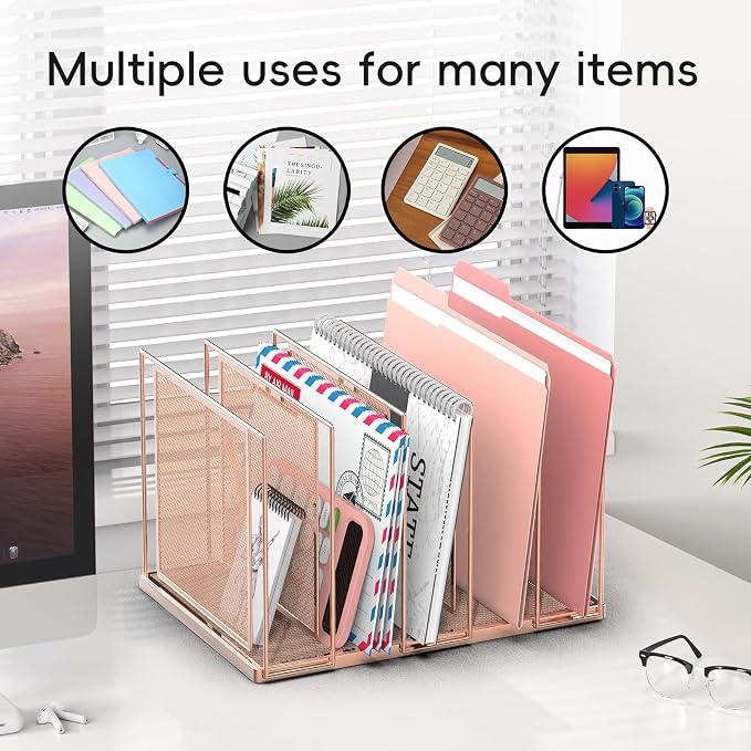 File Organizer for Desk, 5-Section Vertical File Sorter, Paper Holder Organizer Standing Metal File Folder for Office Home Classroom, Rose Gold - Image 2