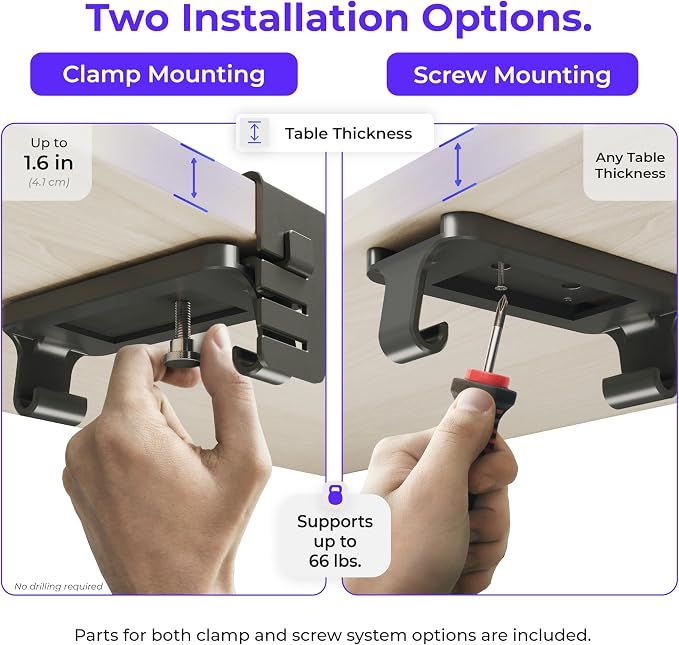 Original No Drill Under Desk Cable Management Tray 40.6" - Premium Black Fabric Cable Management Under Desk - Clamp/Screw Mount Cord Organizer - Supports Upto 66lbs - Large - Image 2