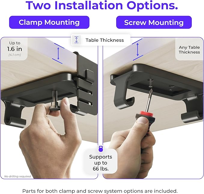 Original No Drill Under Desk Cable Management Tray 27.3" - Premium Black Fabric Cable Management Under Desk - Clamp/Screw Mount Cord Organizer - Supports Upto 66lbs - Image 2