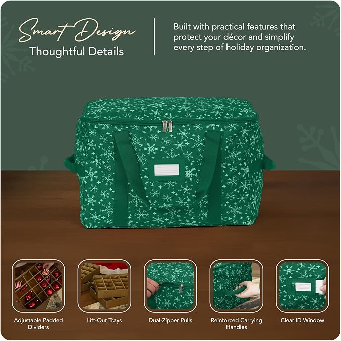 Covermates Keepsakes Adjustable Ornament Storage Bag – Heavy-Duty Polyester, Padded Dividers & FlexGrid Trays – Protective Holiday Ornament Organizer with Handles & Label Window, Green Snowflake - Image 4