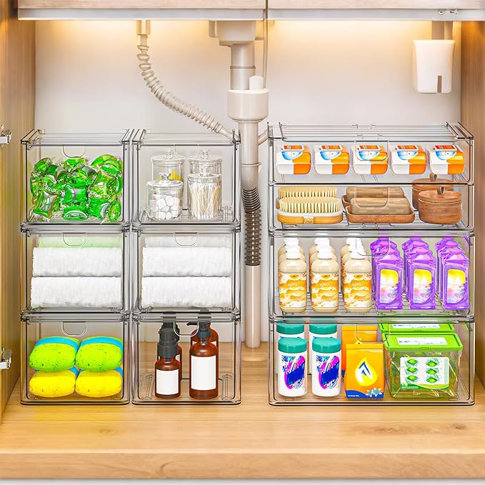 6-Pack Acrylic Stackable Storage Drawers for Vanity, Desk, Bath | 2 large & wide 13" drawers, Smooth-glide, stackable, clear body, dustproof, wipe clean, for makeup, pantry jars, under sink - Image 4