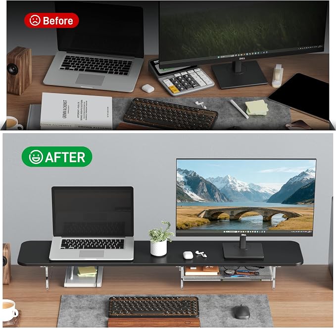 AFOOYO Large Dual Monitor Stand For Desk,43 Inch Desktop Computer Riser with Felt Drawer Acrylic Legs Desk Shelf Organizer For Computer/Laptop/PC/Printer/TV - Image 6