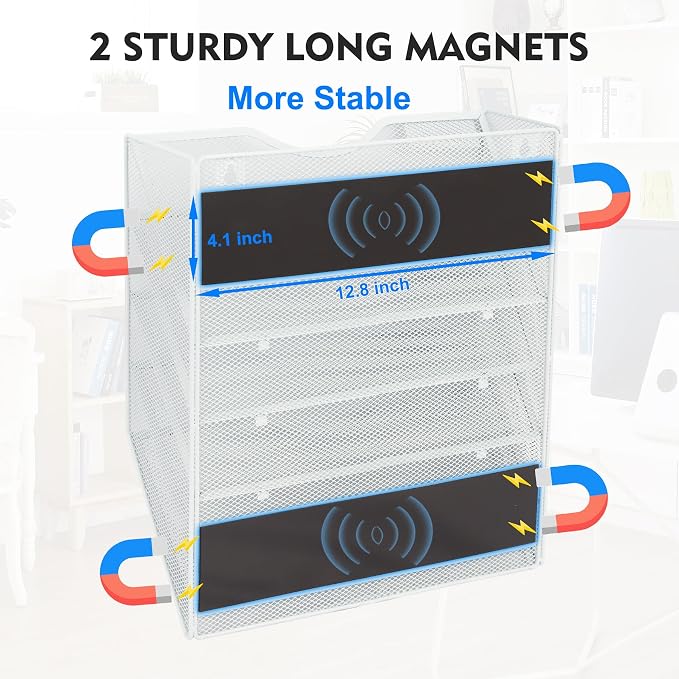 Magnetic 5 Pocket Mesh Hanging File Organizer, Wall Mounted Mail Paper Document Folder Holder, Clipboard Storage Organization Magazine Rack with Nametag Label for Office Home School, White - Image 2
