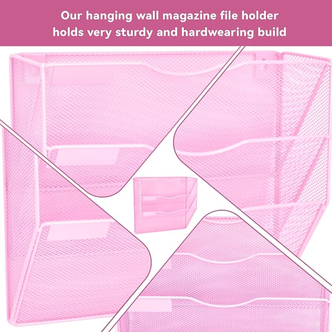 3 Pockets Mesh Wall File Holder Organizer Office Hanging File Folder Magazine Rack, Nametag Label Hooks Set Included (Pink) - Image 3