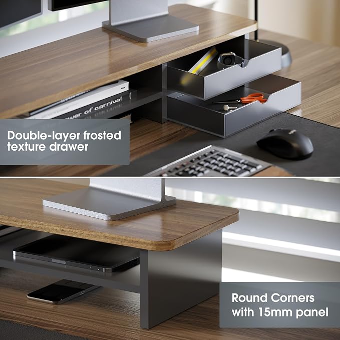 Fenge Monitor Stand, Desk Computer Riser with Frosted Storage Drawer, Brown | 42.5 Inch Dual Monitor Riser, 2 Tiers, Cable Management, Desk Shelf for 2 Monitors, Ultrawide Screen, Laptop, TV, Home Office - Image 4