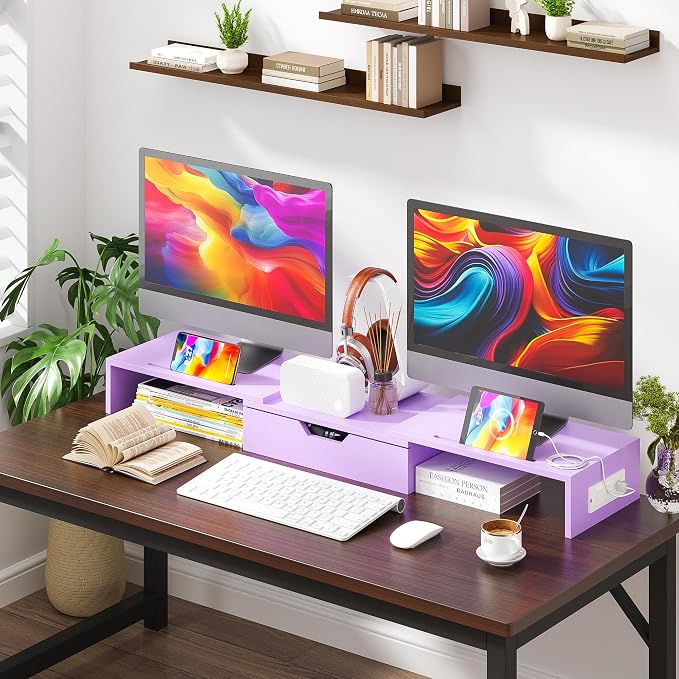 Dual Monitor Stand with USB Ports Wood Monitor Stand Riser with Drawer | Adjustable Desk Shelf,Desk Organizer for Computer,Laptop,Study&Office,No Assembly Required,Pink - Image 2