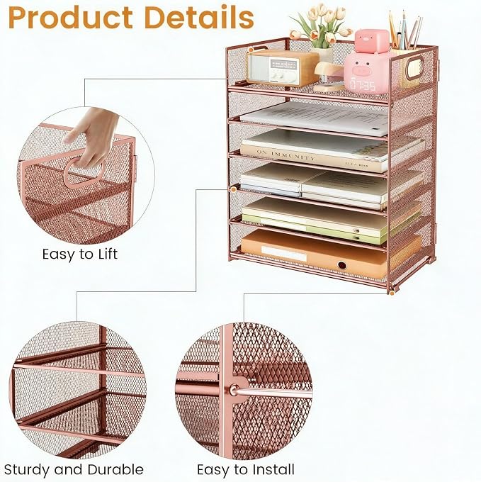 6 Trays Paper Organizer with Handle - Mesh Desk File/Letter Paper Sorter Organizer for Office, Home or School (Rose Gold) - Image 2