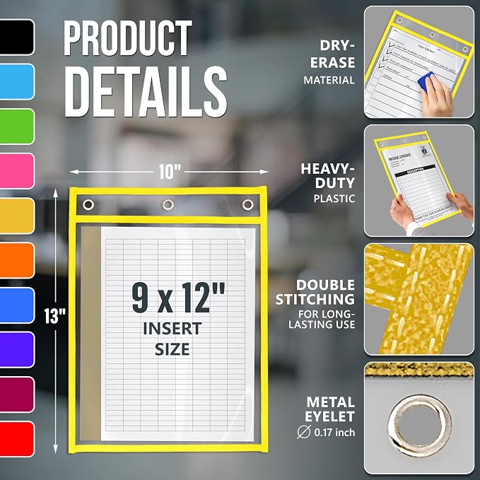 50 Pack Job Ticket Holders 9x12 inch - Colored Work Order Plastic Sleeves Shop Ticket Holders Dry Erase Pocket Sleeves Dry Erase Pockets Clear Pocket Sleeve Tickets Holder Plastic Sleeve - Image 2
