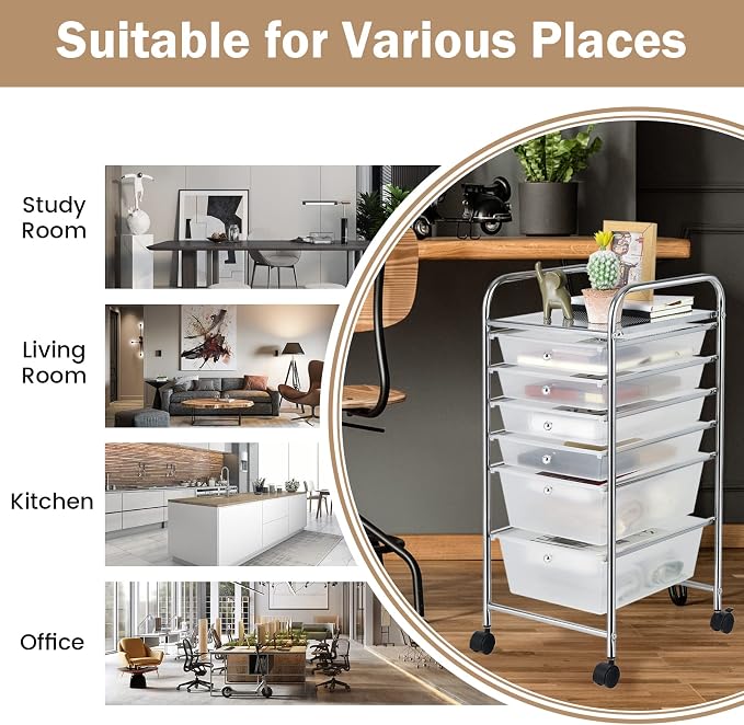 COSTWAY 6-Drawer Rolling Storage Cart, Art Craft Tools Organizer on Wheels | Multifunctional Heavy Duty Utility Mobile Storage Trolley w/ 2 Lockable Wheels for Home Office School (Clear) - Image 7