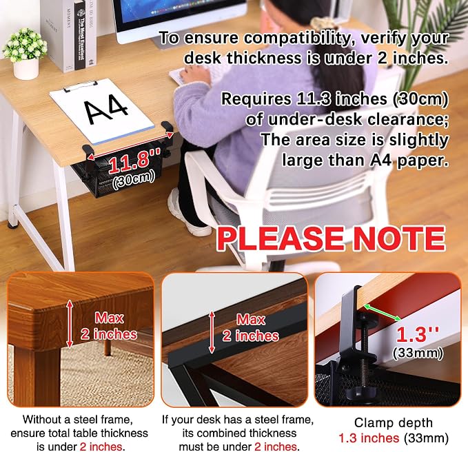ROSYLINE Under Desk & Desktop Drawer Organizer, 2-Tier Big Capacity | Steel Construction, Clip-On No Drill Installation, Fits A4 Paper, for Office & Household Supplies - Image 4