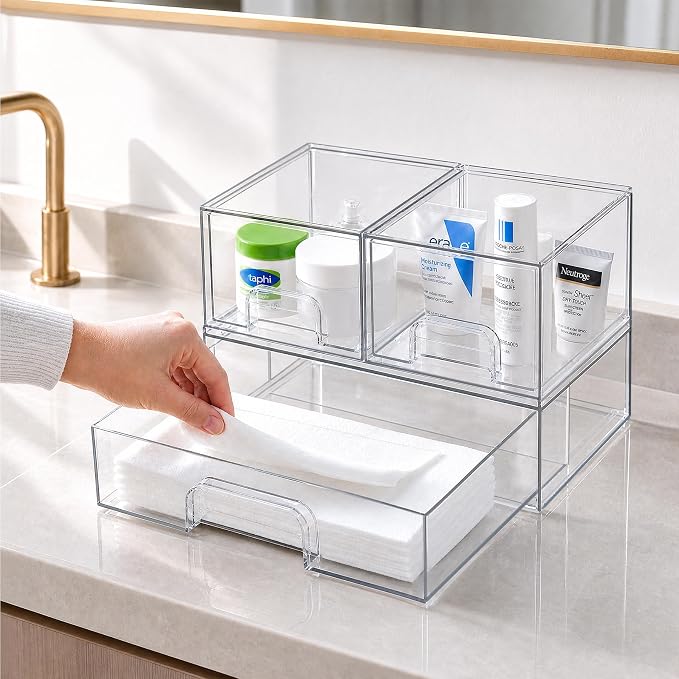 Clear Stackable Storage Drawers, Acrylic Bathroom Makeup Organizer, Plastic Bins for Art Tool & Sketch, Durable Containers for Countertop, Cabinet, Vanity, Medicine Organization - Image 2