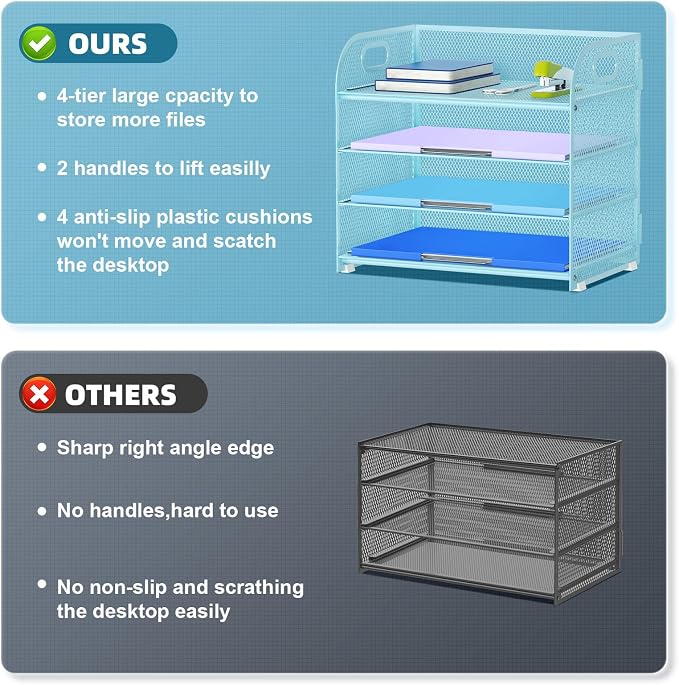 Marbrasse 4 Tier Paper Organizer Letter Tray - Mesh Desk File Organizer with Handle, Paper Sorter Organizer for Letter Office File Folder Holder (Blue, 12.6" x 9.1" x 10.7") - Image 2