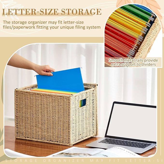 Jingmore 2 Pack Paper Rope File Box Organizers Collapsible Letter Size Filing Cabinet with Lid Woven Hanging File Basket Portable Decorative Document Storage Box for Office/Decor/Home (Letter Size) - Image 3