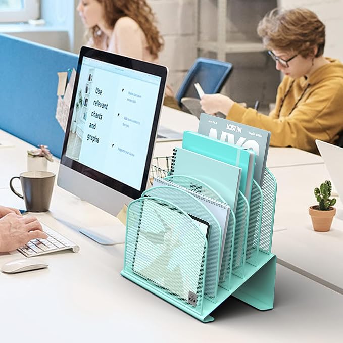 Delifox Inclined Desk File Organizer,Vertical File Folder Holder Stand Metal Rack File Sorter for Office Classroom Desktop Organization (2, Aqua, 5) - Image 7