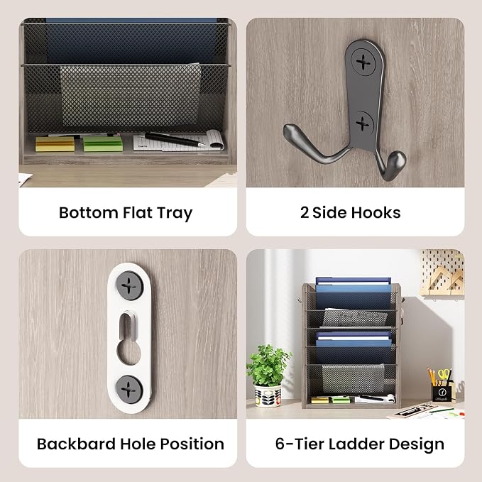 Mail Organizer Wall Mounted, 6-Slot Hanging File Organizer with Key Holder | Mail Sorter, Wood Letter Holder for Envelopes Bills Magazine Folders Papers Accessories for Home Office, Greige - Image 6