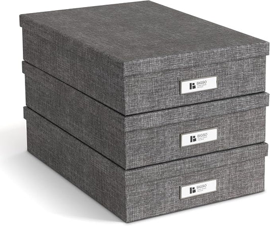 Bigso Oskar Canvas Fiberboard Document Letter Box for Important Paperwork A4 or Letter Size - Durable Keepsake Box with Lid and Metal Label Holder - 3.3in x 10.2in x 13.8in - Melange Grey - 3 Pack by Bigso