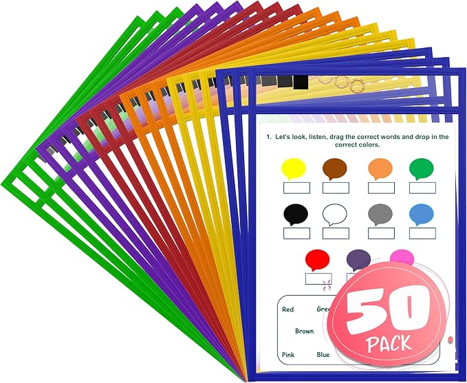 SCRIBBLEDO Dry Erase Pockets 50 Pack Assorted Colors Reusable Sleeves | Reusable Heavy Duty with Ring, Oversized 10x14 Large Size Tear Resistant Vinyl, No Ghosting Easy to Clean, Reinforced Stitch by Scribbledo