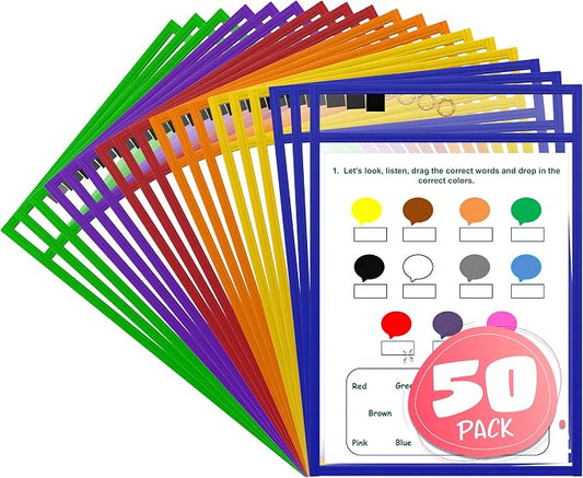 SCRIBBLEDO Dry Erase Pockets 50 Pack Assorted Colors Reusable Sleeves | Reusable Heavy Duty with Ring, Oversized 10x14 Large Size Tear Resistant Vinyl, No Ghosting Easy to Clean, Reinforced Stitch by Scribbledo