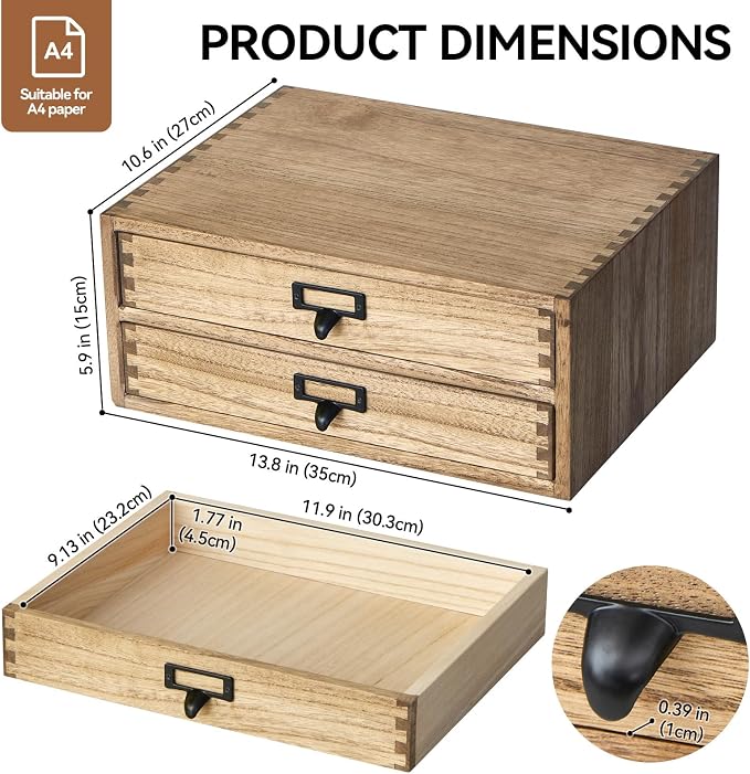 KIRIGEN Solid Wood Desk Organizer with 2 Drawers, Desktop Storage, Brown | 2-Drawer Cabinet for Printer Paper, Mail, Notebooks, and Office Supplies, 13.78 x 10.6 x 5.9 In, Fully Assembled - Image 2