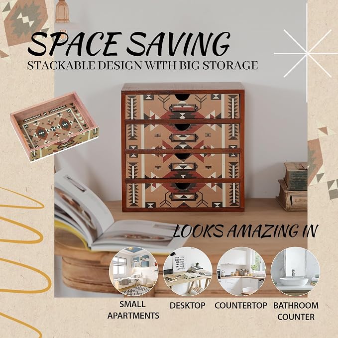 Boho Navajo Wooden Desk Organizer with Drawers – 4-Drawer Desktop Storage Box – Rustic Tribal Wood Desk Organizer for Office, Vanity, or Craft Supplies – Compact & Stylish Wooden Storage Drawers - Image 4