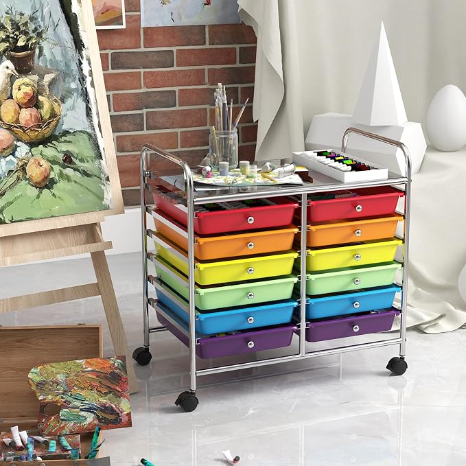 GOFLAME 12-Drawer Rolling Storage Cart, Multifunctional Art Craft Organizer Cart, Mobile Utility Storage Cart with Removable Drawers & Lockable Wheels, Craft Cart for Home Office School, Multicolored - Image 8