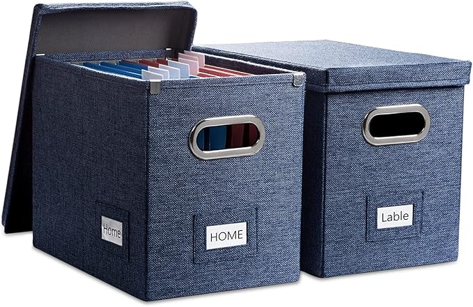 File Organizer Box - Set of 2 Collapsible Decorative Linen Filing Storage Hanging File Folders with Lids Office Cabinet Letter Size Navy Blue (14x9.3x10.8 inch) by Prandom