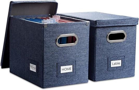 File Organizer Box - Set of 2 Collapsible Decorative Linen Filing Storage Hanging File Folders with Lids Office Cabinet Letter Size Navy Blue (14x9.3x10.8 inch) by Prandom