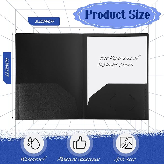 Patelai 50 Pack Plastic Folders with Pocket Bulk 2 Pocket Heavy Duty Letter Size Folders Business Card Holder for School Office File(Black Color) - Image 2