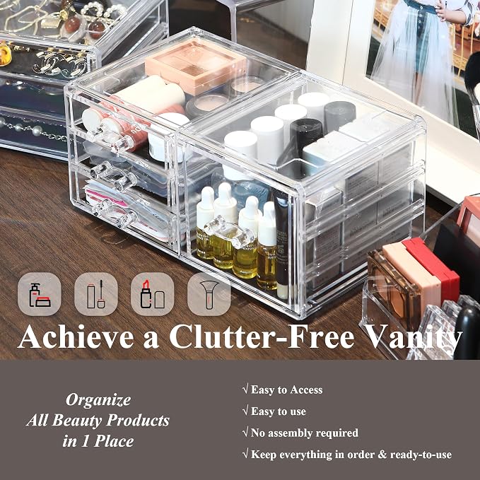 Sea Team Stackable Clear Acrylic Makeup Organizer with Drawers for Vanity | Cosmetic Display Case, Jewelry Storage Box with 1 Large and 3 Small Drawers, Ideal for Dresser, Bathroom, Countertop - Image 3