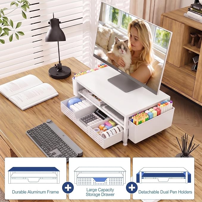 Desk Organizers and Accessories, Computer Monitor Stand Riser with Drawer and 2 Pen Holders, Printer & Laptop Stand, Office Desk Accessories & Workspace Organizers for Home Office Supplies, White - Image 6