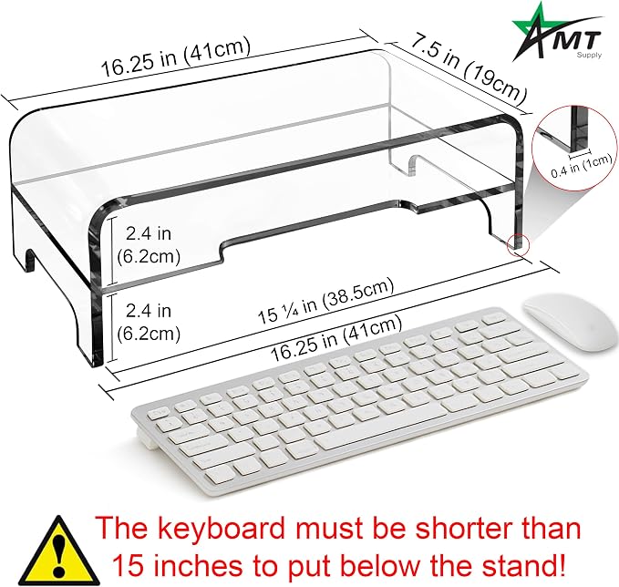 AMT Clear Acrylic Monitor Stand Riser 2 Tier, 5.5 Inches High Clear Computer Desk Organizer Shelf for Multi Media PC Storage Laptop - Image 2