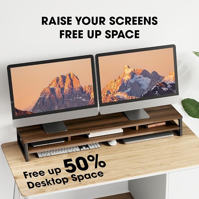 Fenge Dual Monitor Riser for Desk, Open Shelf with 3 Storage Compartments | 42.5in Computer Monitor Stand, 2-Tier Desk Shelf for Top of Desk,One-Piece Panel, fit Ultrawide Monitor, PC, Laptop, Brown - Image 5