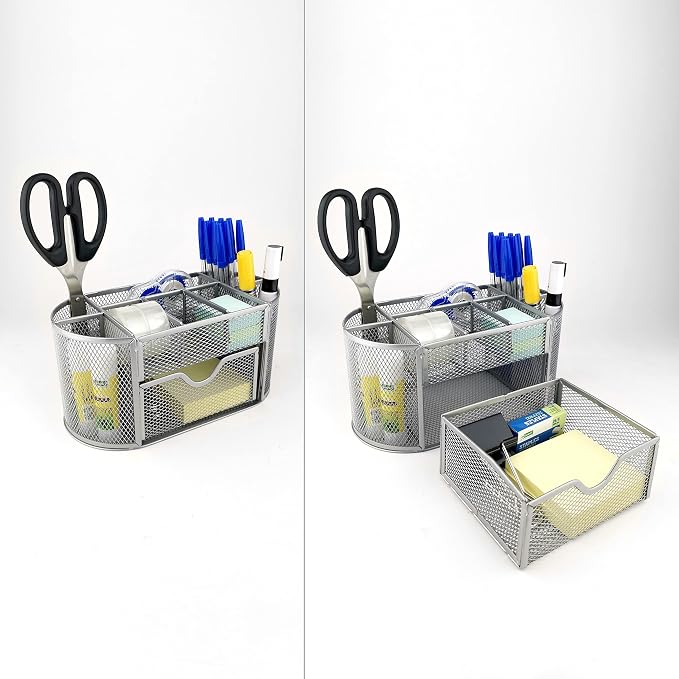 D.RECT Desk Organiser, Pen Holder, Pen Holder, Table Organiser Made of Metal, Office Tray with Note Holder Mesh, 350 x 297 x 275 mm, Silver - Image 4