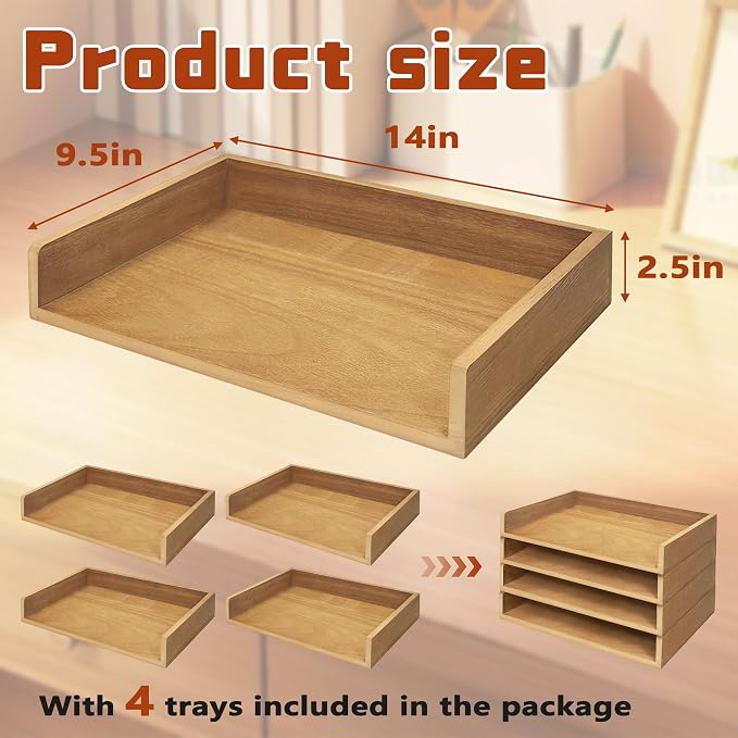 Wooden Paper Tray Organizer for Desk, Stackable Paper Holder and Letter Tray, 4-Tier Desktop File Storage Rack for Study,Home and Office (Oak, 14" x 9.5" x 2.5") - Image 3