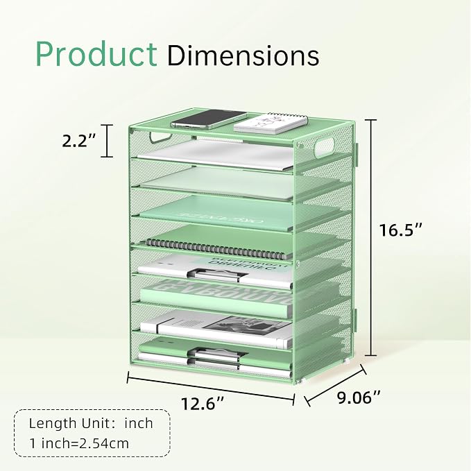 9-Tier Paper Organizer for Desk, Metal Letter Tray with Handles, Mint Green | Desk File Organizer with Removable Trays for Sorting Files, Folders, Mail and Printer Paper at Home, School or Office - Image 2