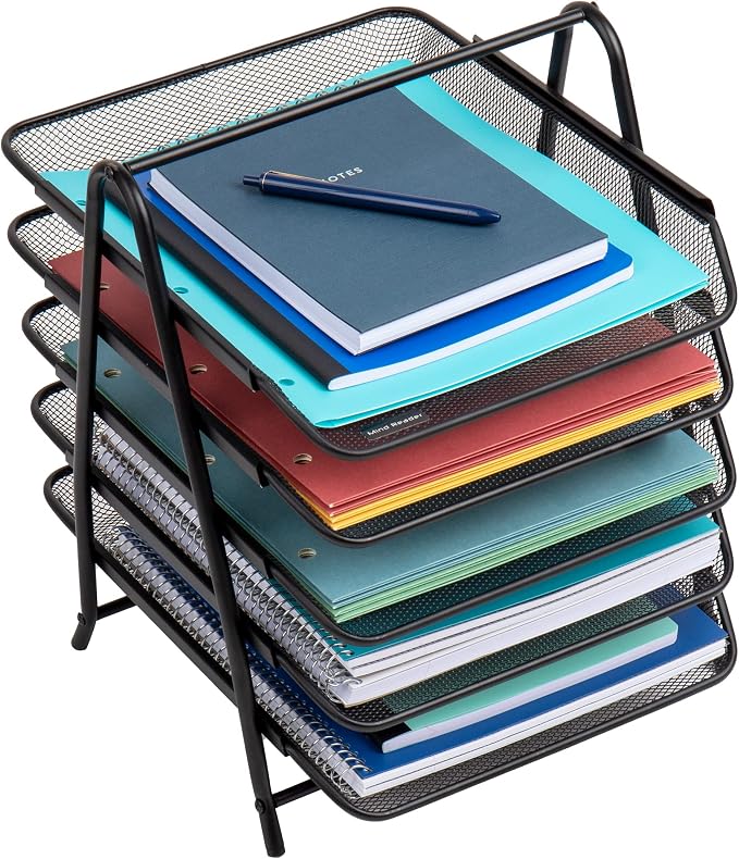 Mind Reader 5-Tier Paper Tray, Desktop Organizer, File Storage, Office, Metal Mesh, 11.75"L x 14"W x 15"H, Set of 2, Black - Image 4