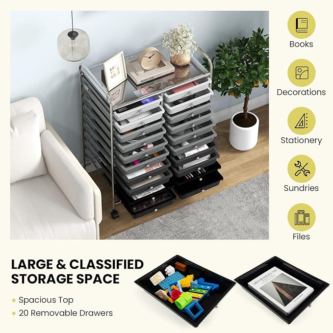 Giantex 20 Drawers Rolling Cart, Mobile Storage Drawer Cart, Classroom Organizer Cart for Office School Supplies Teacher Tools Paper Craft Small Printer, Utility Cart on Wheels, Gradient Grey - Image 7